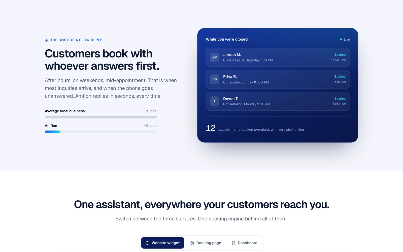 Amfion showing appointments booked after hours, with one assistant across website widget, booking page, and dashboard.