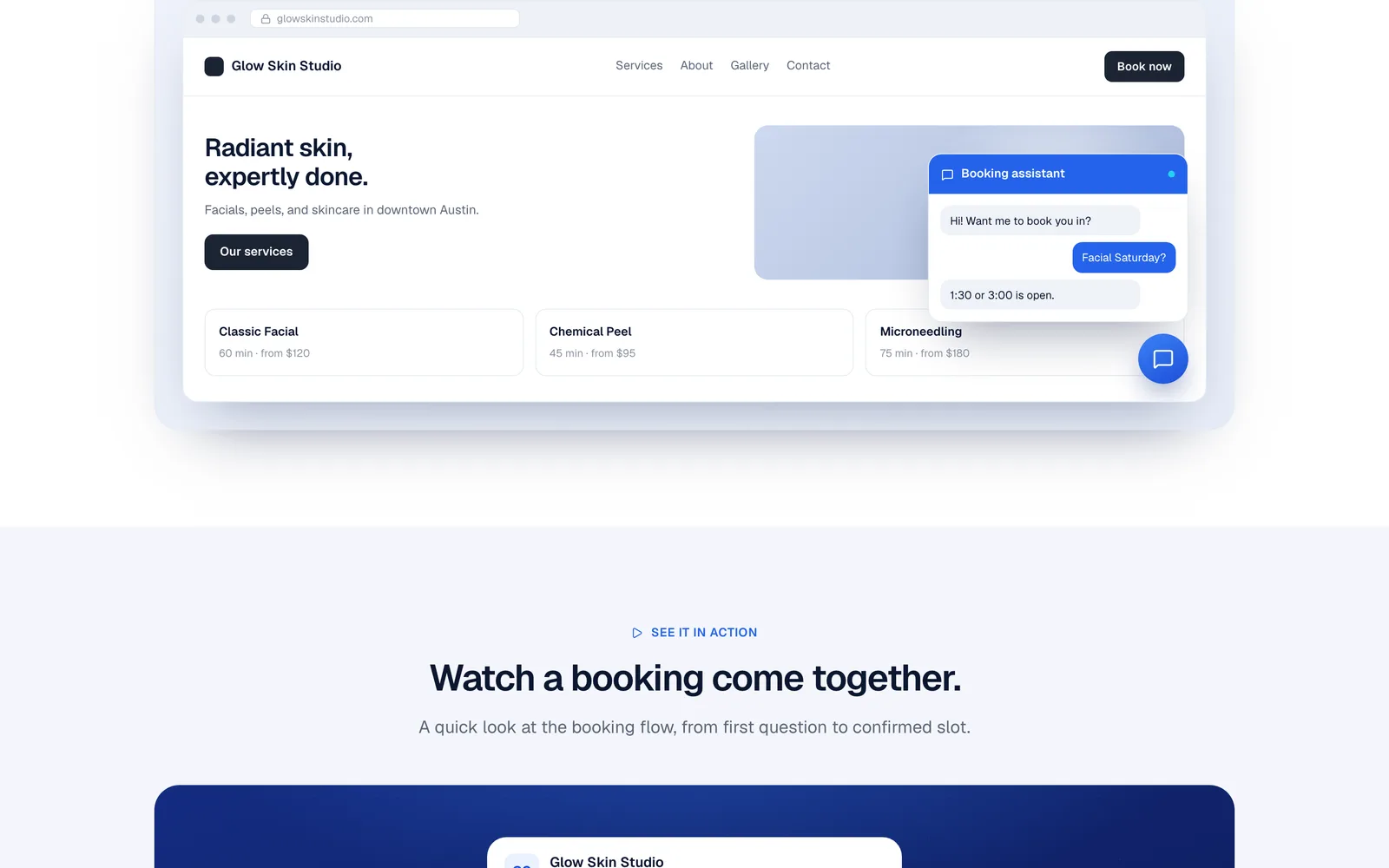The Amfion booking widget embedded on a salon's own website.