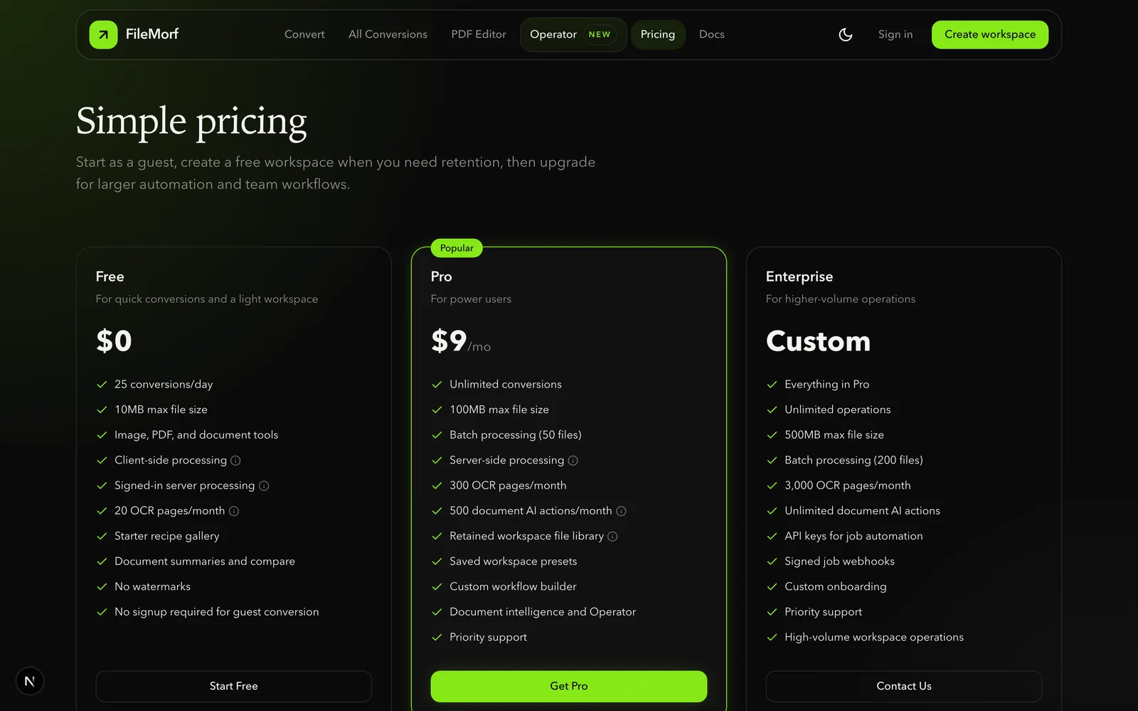 FileMorf pricing with free guest, Pro, and Enterprise tiers.