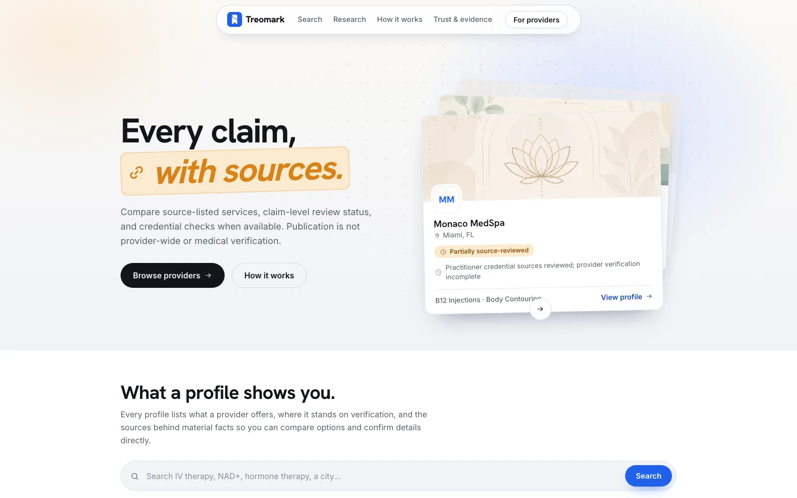 Treomark homepage hero reading Every claim, with sources, beside a featured provider card carrying a source-review label.