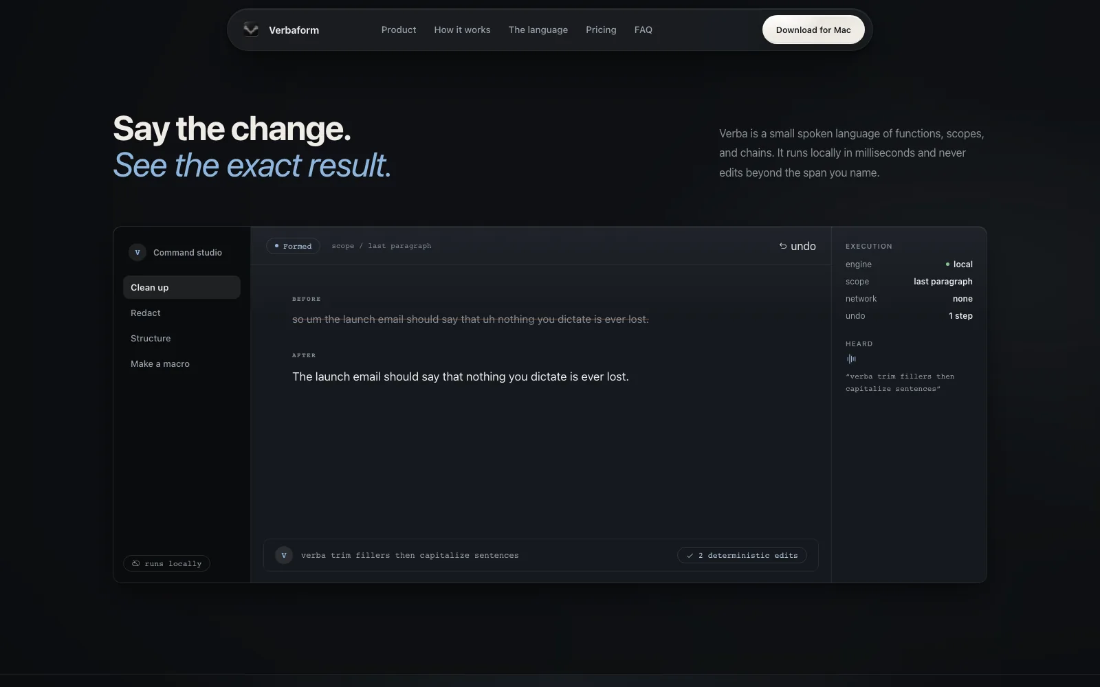 The Verbaform command studio showing a spoken command list, a before and after document view, and an execution HUD reporting a local engine and undo state.